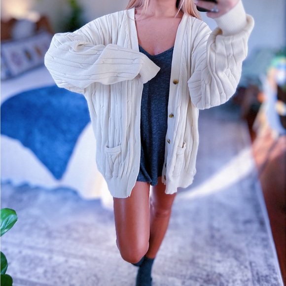 Vintage Sweaters - Oatmeal Oversized Cable-Knit Grandpa Cardigan